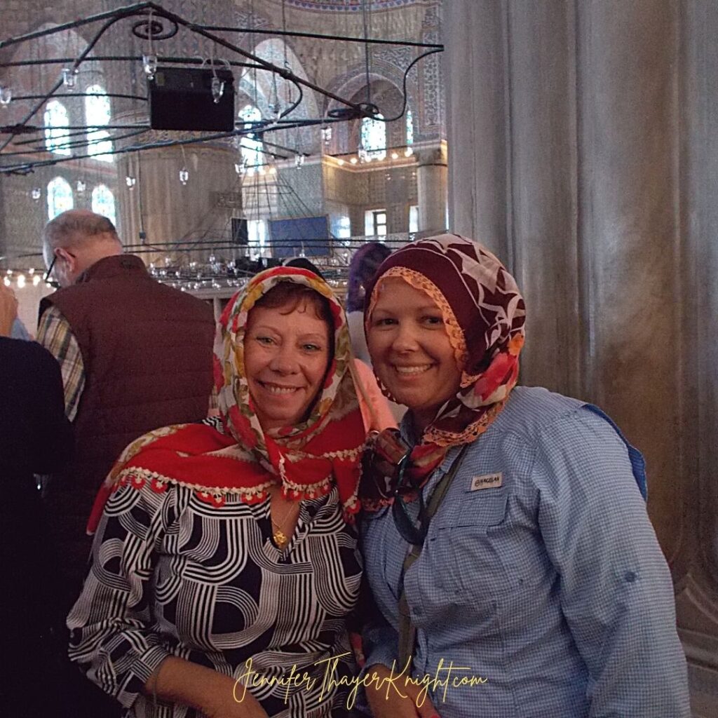 Jen and Tina in the Blue Mosque